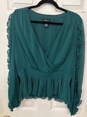 🛍️Express Conscious Edit Emerald Green Ruffle Sleeve Smocked Wrap Blouse Size L